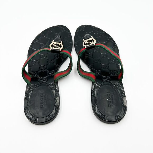 Gucci GG Web Stripe Flip Flop Sandal Black EU 37 US Women's 7 Flat Logo - Picture 5 of 14